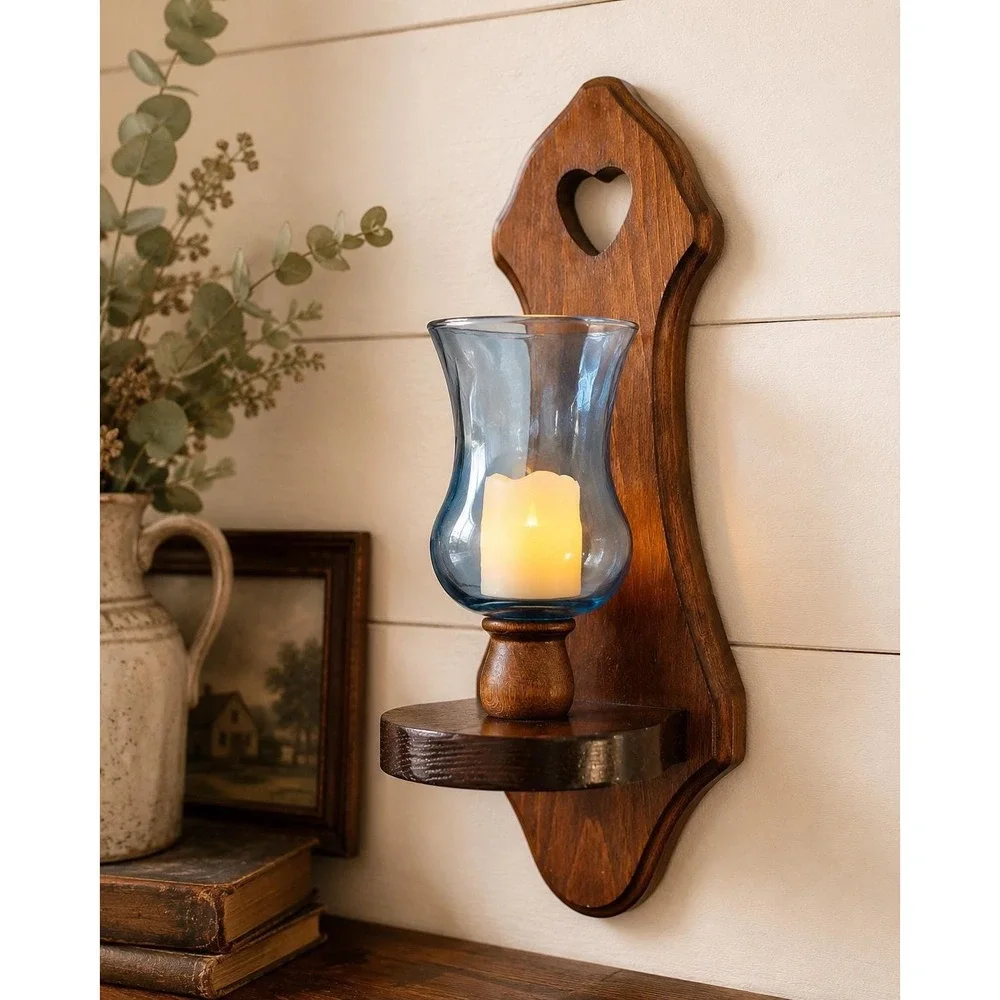 Vtg Wooden heart Wall Sconce Blue Glass Hurricane Shade Farmhouse Candle Holder